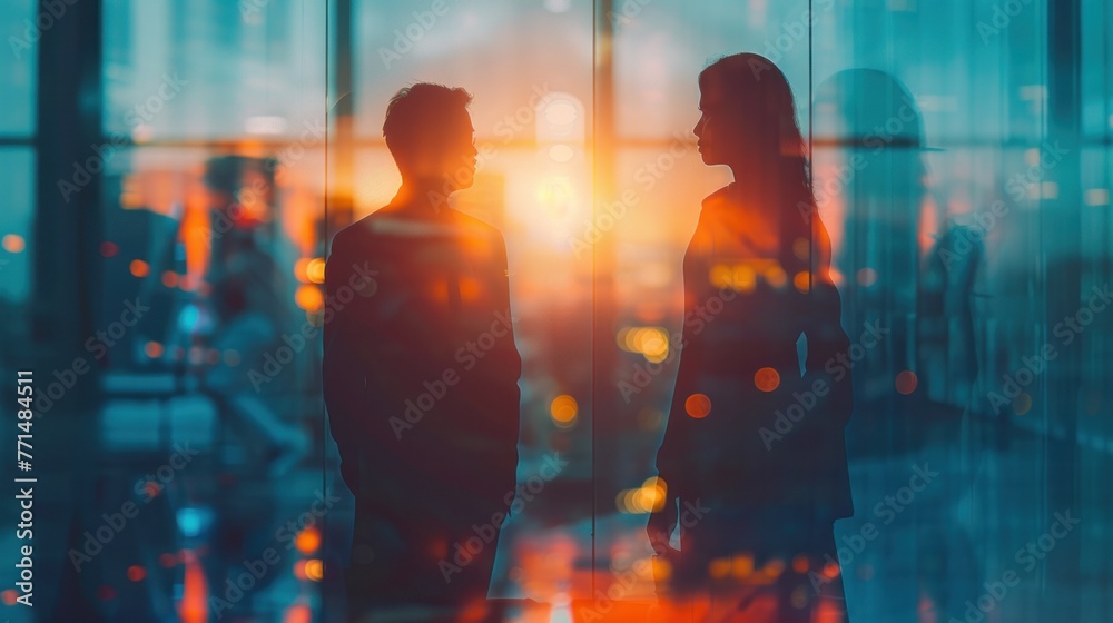 Silhouette of business people work together in office Concept of teamwork and partnership. double exposure with light effects Silhouette of business people work together in office Concept of teamwork and partnership. double exposure with light effects
