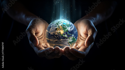 Hands Holding Illuminated Digital Globe at Night