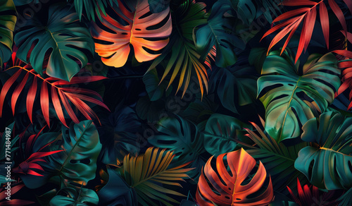 Colorful tropical plants and green leaves on a dark background  creating an abstract wallpaper