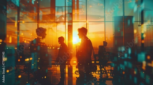 Silhouette of business people work together in office Concept of teamwork and partnership. double exposure with light effects