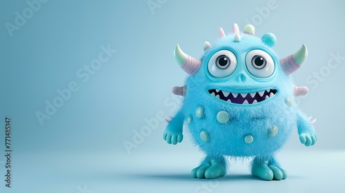 Cute blue monster with big eyes and a toothy smile. Standing on a blue background. 3D rendering.