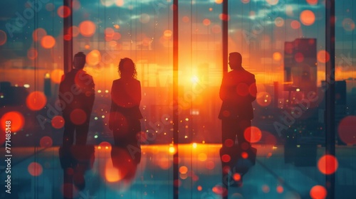 Silhouette of business people work together in office Concept of teamwork and partnership. double exposure with light effects