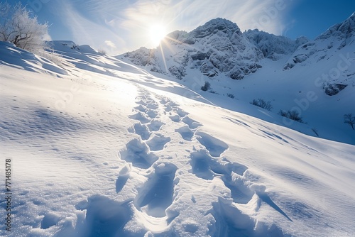 Snow-covered mountains with footsteps in snow