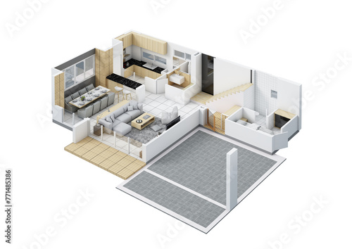 Floor plan top view. House interior isolated on white background. 3D render © uthai