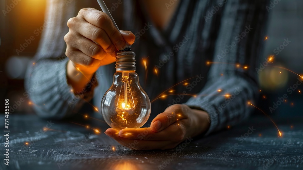 Designer drawing a light bulb, concept for brainstorming and inspiration