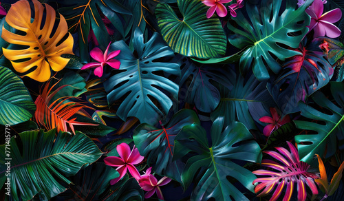 Colorful tropical plants and green leaves on a dark background, creating an abstract wallpaper © Kien