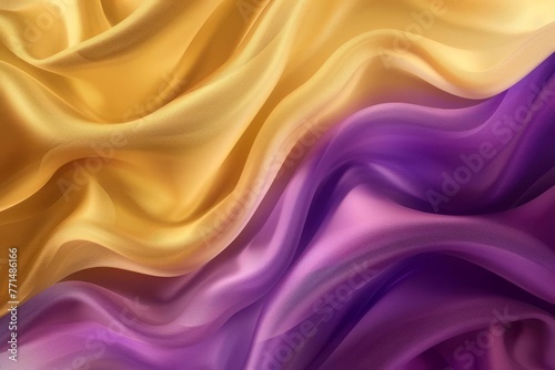 Abstract Gold and Purple Gradient Silk Fabric Background, 3D Wavy Texture Illustration