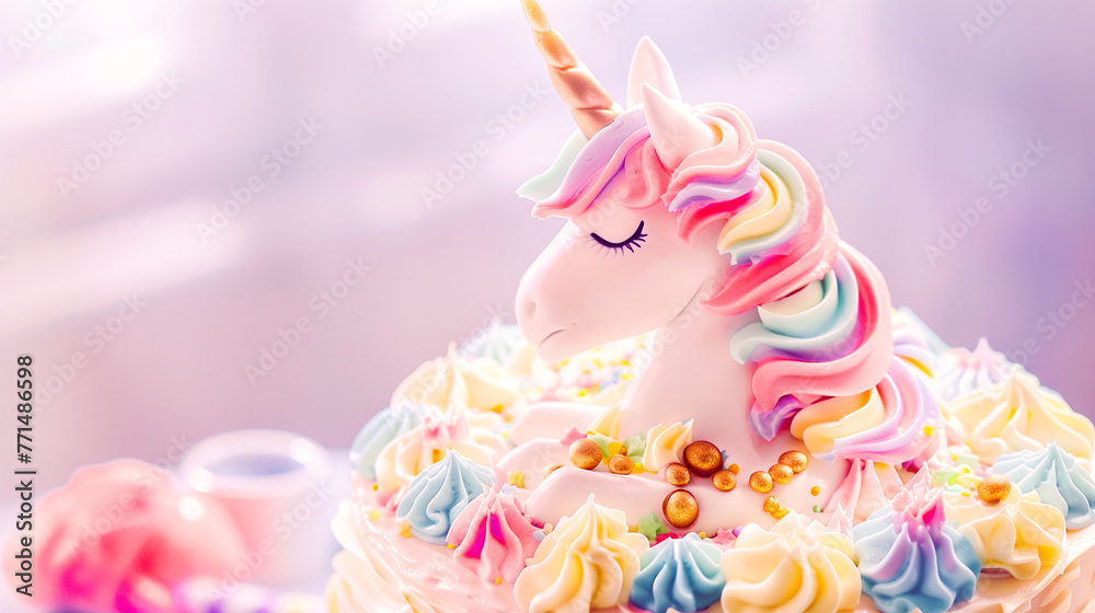 A charming cake with a unicorn motif decorated with colorful icing and pastel icing ribbons. On top of the cake sits a charming, three-dimensional unicorn made of icing. A charming cake with a unicorn motif decorated with colorful icing and pastel icing ribbons. On top of the cake sits a charming, three-dimensional unicorn made of icing.