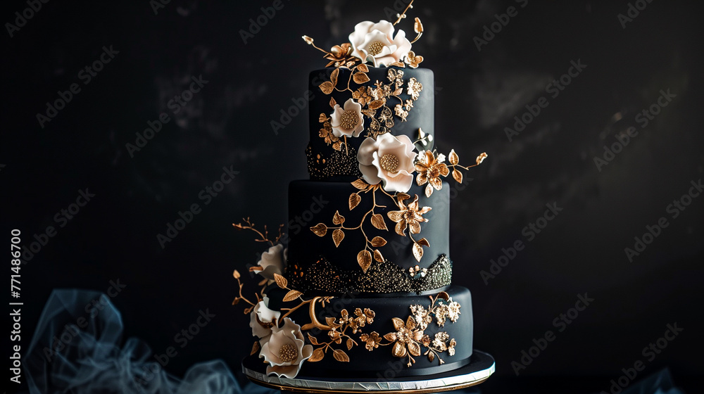 An elegant cake with a dark theme, decorated with delicate gold accents. The cake is distinguished by its deep color, which gives it a mysterious and luxurious look.