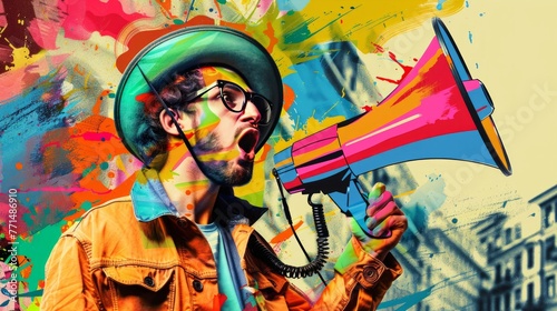 Funny portrait of an emotional guy with a megaphone. Collage in magazine style. Flyer with trendy colors, advertising copy space. Discount, sale season. Information concept. Attention news! 