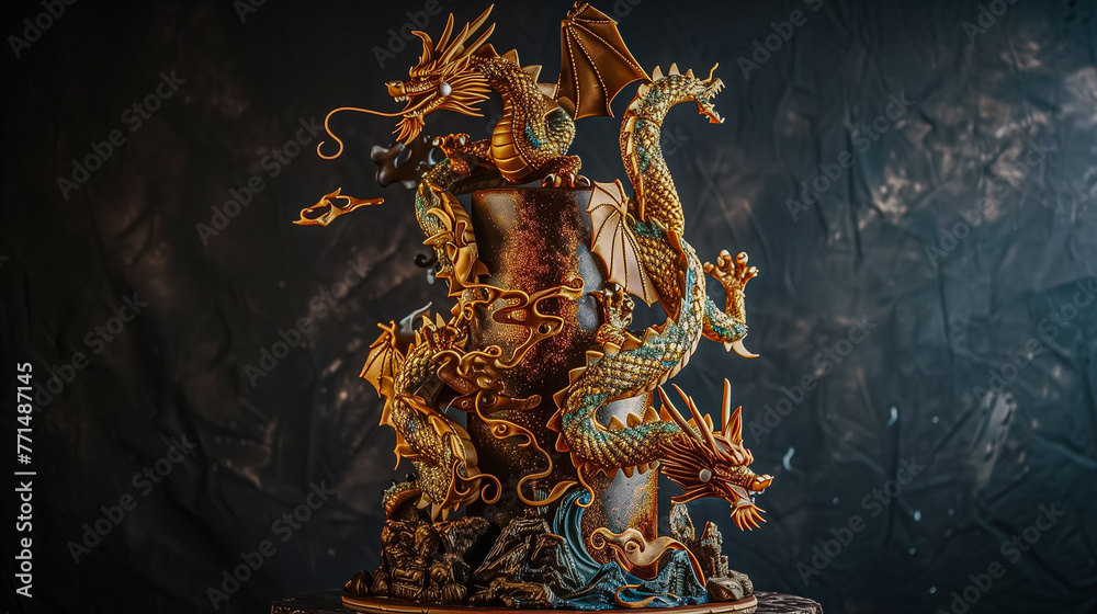 A tall cake decorated with a dragon motif on a deep, dark background. The dragons take different poses and stand out with details. Their wings and tails gently wrap around the cake, adding dynamics an