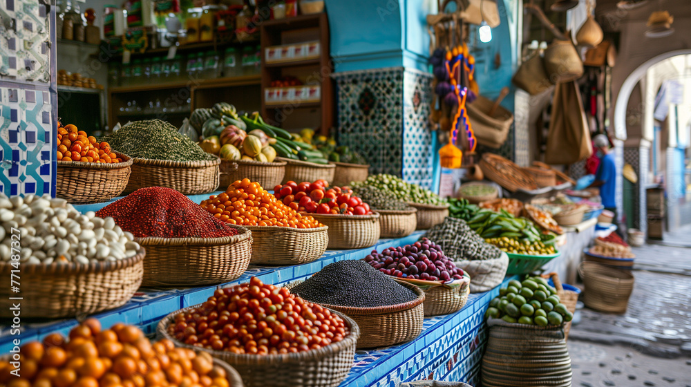 vibrant scene of a food market, with stalls brimming with fresh produce, spices,ai