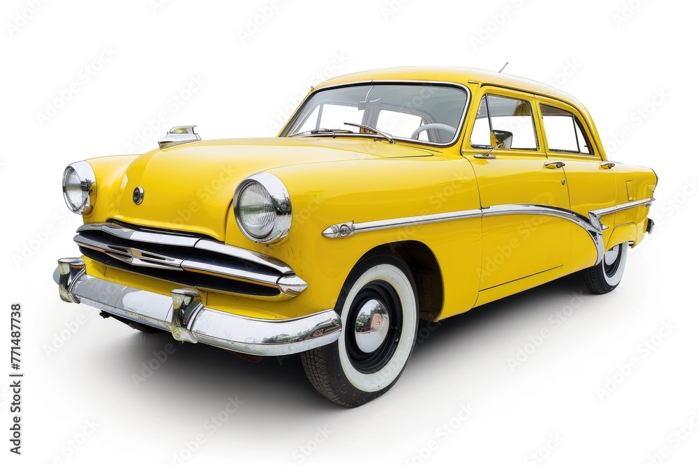 Shiny Restored Yellow Car Isolated on White Background. Alloy Wheels and Elegance of Traditional Historic Motor with Cute and Commercial Flair