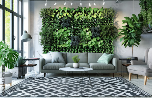 Modern living room with white walls, a grey sofa and armchair decorated with green plants and a black patterned rug on the floor