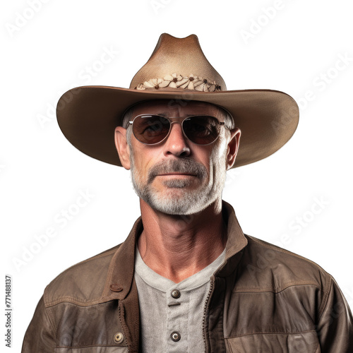 bullock farm wearing cowboy hat and sunglasses portrait looking at camera
