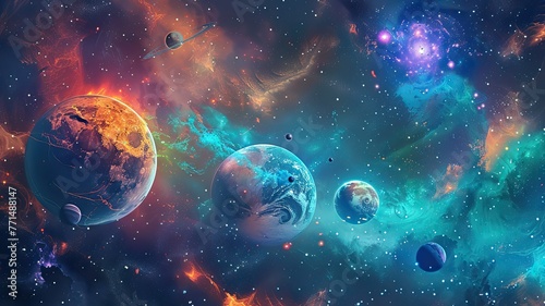 Dreamy universe wallpaper with planets, stars, and abstract colors, perfect for children's books.