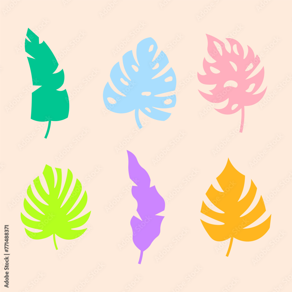 Tropical leaves, set of colorful silhouettes, vector illustration.