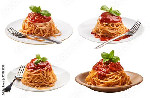 Set of plates of delicious pasta spaghetti with tomato sauce garnished with fresh basil leaves, cut out