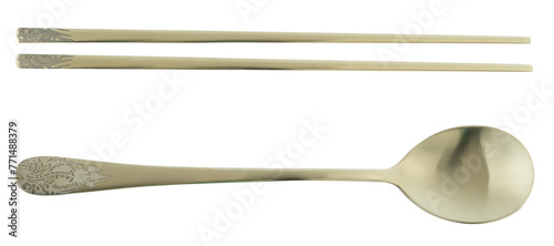 Chinese chopsticks and spoon on isolated background.