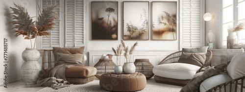 Beautiful cozy living room with a wicker armchair and a soft sofa in brown colors.