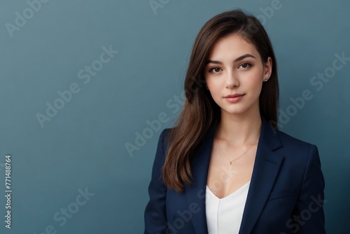 Gorgeous young woman in a dark blue suit confidently posing on a blue background with copy space.