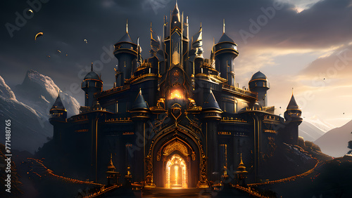 Dark giant black castle in a fantasy world. Scary castle.