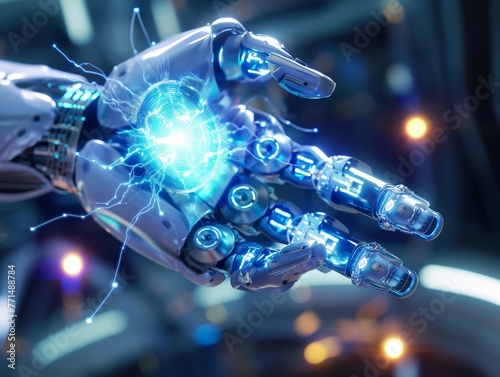 A robotic hand with intricate details surrounded by electrical energy, symbolizing advanced technology and innovation.