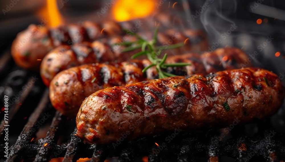 Barbecue juicy sausages on the grill, fire, with smoke. Barbecue juicy sausages on the grill, fire, with smoke.