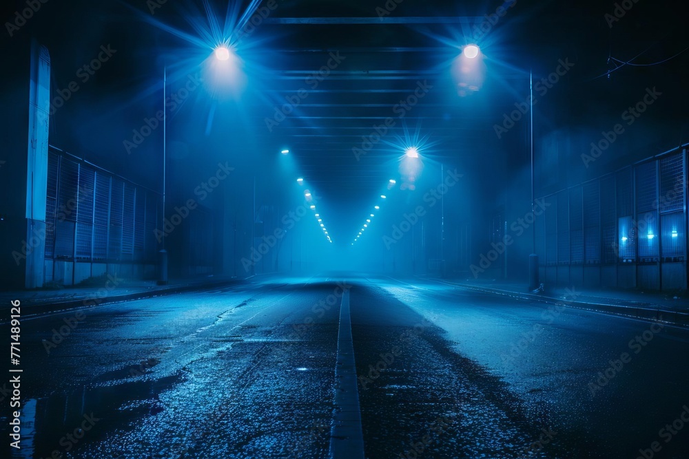 Dark street with abstract dark blue background, empty open scene, neon light, spotlights