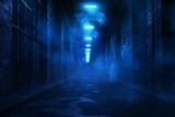Dark street with abstract dark blue background, empty open scene, neon light, spotlights