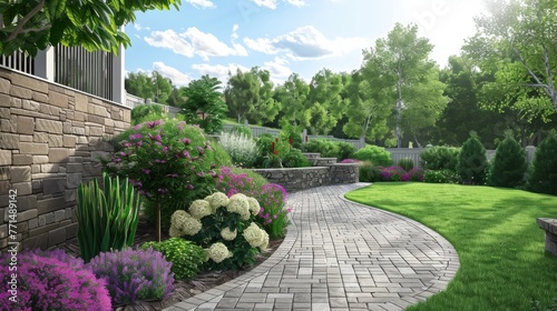 Fototapeta Naklejka Na Ścianę i Meble -  Garden With Brick Path and Flowers