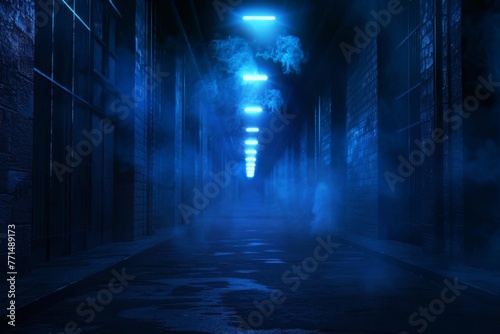 Dark street with abstract dark blue background, empty open scene, neon light, spotlights © furyon