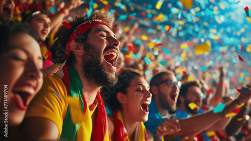 A high-quality image capturing the jubilation of sport fans at a stadium