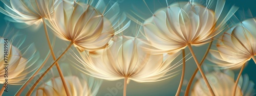 Beautiful fantasy abstract 3D dandelions close up on a light blue background. Light delicate summer spring floral background.