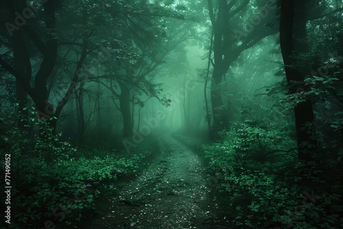 Enchanting dark green fantasy forest path shrouded in morning fog and dew