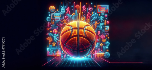 Vibrant Bounce: 3D Neon Basketball on Ground