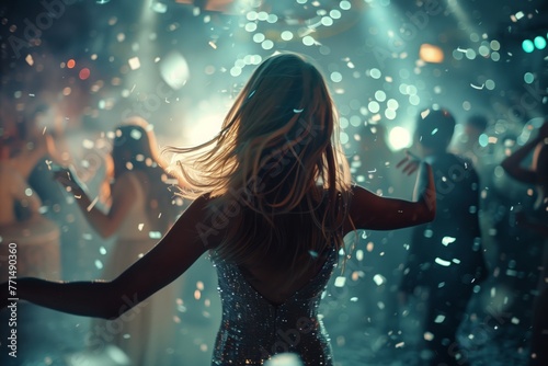 Stylish beautiful woman dancing, celebrating and hanging out in a nightclub, other people dancing in background, flying sparkles and confetti, reportage photography style with flash motion blur