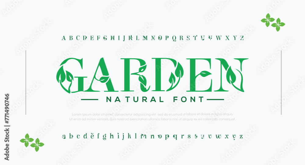 modern nature leaf earth green tree abstract digital alphabet font. minimal technology typography, creative urban sport fashion futuristic font and with numbers. vector illustration - obrazy, fototapety, plakaty 