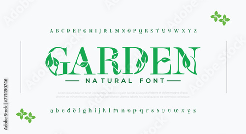modern nature leaf earth green tree abstract digital alphabet font. minimal technology typography, creative urban sport fashion futuristic font and with numbers. vector illustration photo