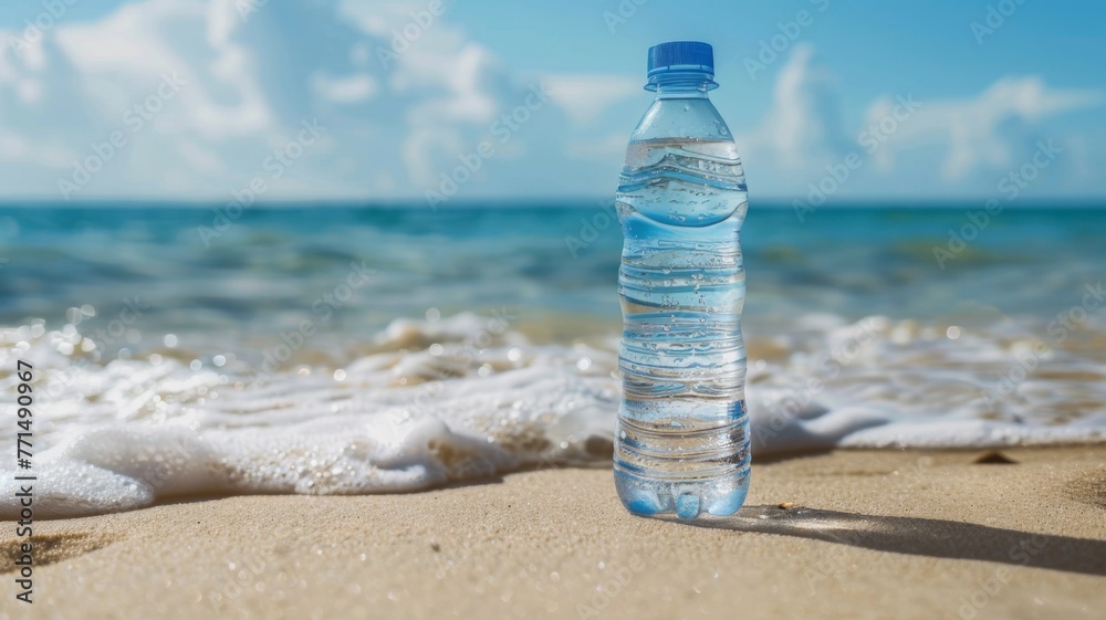 Plastic water bottle on sandy shore by ocean - High definition image of a transparent water bottle half-buried in the sand on a sunny beach day Plastic water bottle on sandy shore by ocean - High definition image of a transparent water bottle half-buried in the sand on a sunny beach day