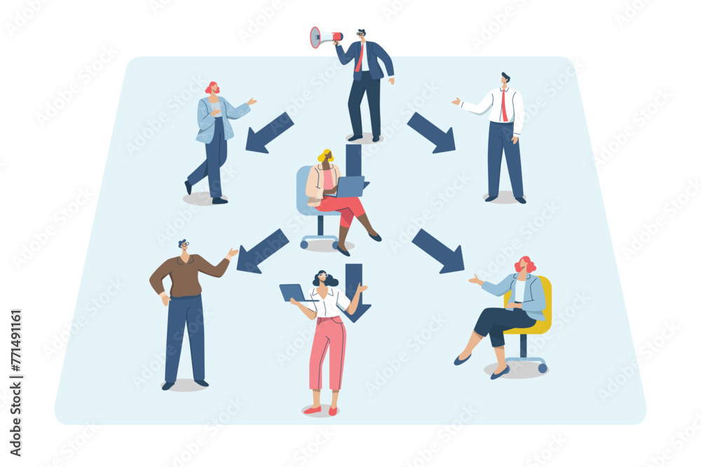 Business team delegation structure, Corporate teamwork, Work control planning, Division of people's duties and priorities, Vector design illustration.
