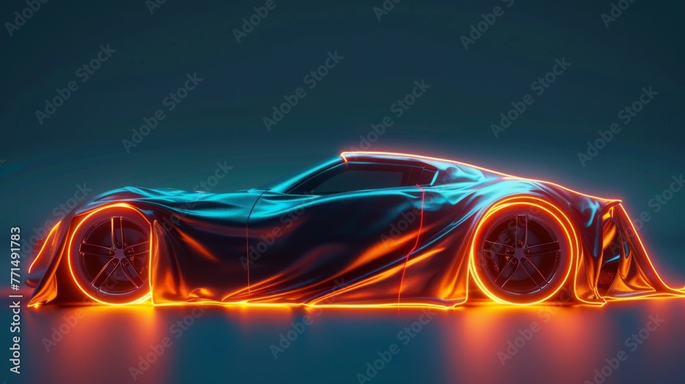 Sports car shrouded in blue and orange - Artistic portrayal of a sports car hidden under a cloth with striking blue and orange neon lighting effects - obrazy, fototapety, plakaty 