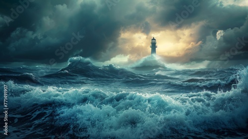 Stormy sea with lighthouse - A dramatic storm with tumultuous waves crashing against a lighthouse