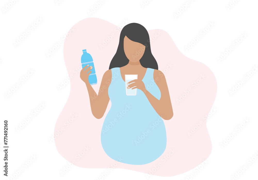 Pregnant woman drinking water bottle vector illustration. Healthy lifestyle mother and mother care concept