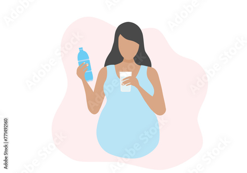 Pregnant woman drinking water bottle vector illustration. Healthy lifestyle mother and mother care concept
