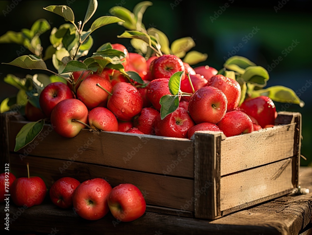 box with red apples, ripe of apple garden