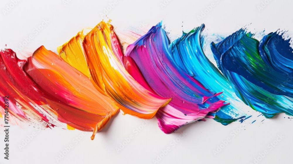 Vibrant paint strokes on a white background - A colorful presentation of thick, textured paint strokes artistically smeared on a white canvas highlighting artistic expression and creativity