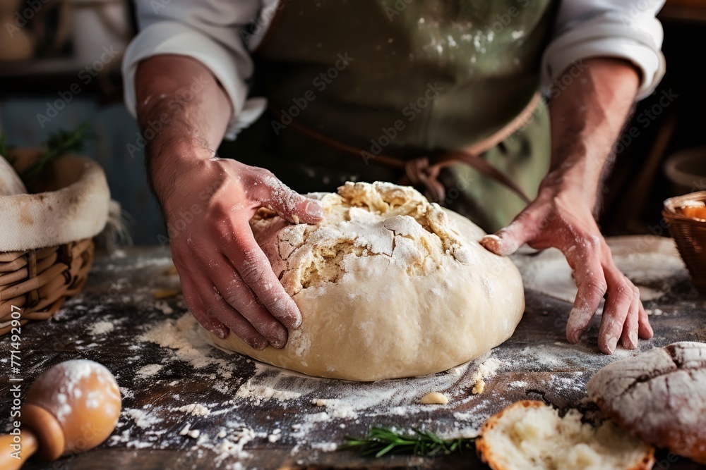 Hands kneading dough on a rustic table, apron-clad baker's joy in creating the perfect loaf.