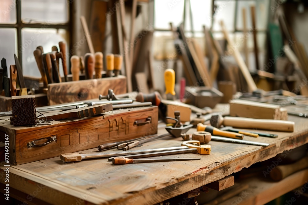 Workshop detail, tools atop wood bench, inviting craftsmanship exploration Workshop detail, tools atop wood bench, inviting craftsmanship exploration