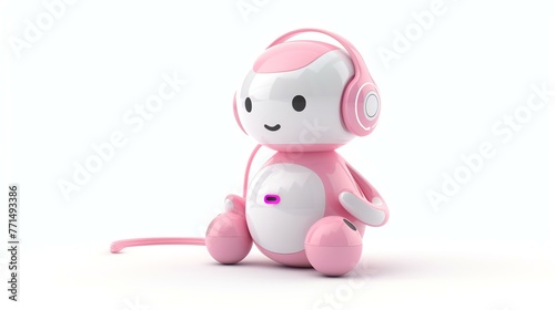 This is a cute pink robot toy. It has a round head with a smiley face  and a pair of pink headphones. It is sitting down with its legs crossed.